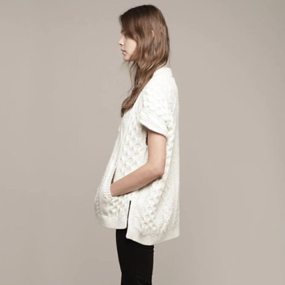 Vanessa Bruno Athé Cable Knit V-Neck Poncho Sweater in Ecru - Alpaca Wool Blend - Picture 2 of 7
